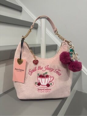 Juicy Couture Pink Suede 'Spill the Juicy Tea' Shoulder Bag with Pom Charm